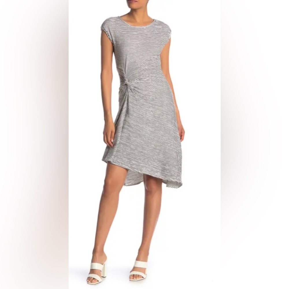 Max Studio Black and White Striped Textured Knit Cap Sleeve Asymmetrical Dress